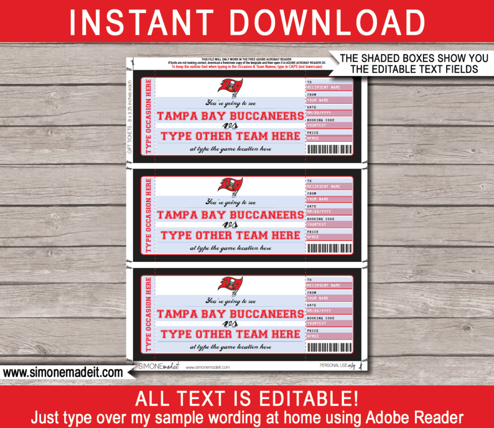 Printable Tampa Bay Buccaneers Game Ticket Gift Voucher Template | Surprise tickets to a Tampa Bay Buccaneers Game | Editable Text | Gift Certificate | Birthday, Christmas, Anniversary, Retirement, Graduation, Mother's Day, Father's Day, Congratulations, Valentine's Day | INSTANT DOWNLOAD via giftsbysimonemadeit.com