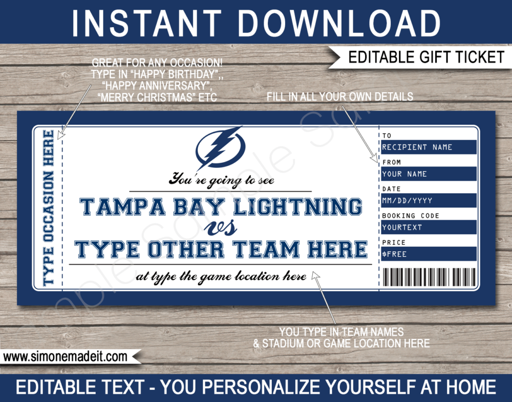 Printable Tampa Bay Lightning Game Ticket Gift Voucher Template | Printable Surprise NHL Hockey Tickets | Editable Text | Gift Certificate | Birthday, Christmas, Anniversary, Retirement, Graduation, Mother's Day, Father's Day, Congratulations, Valentine's Day | INSTANT DOWNLOAD via giftsbysimonemadeit.com