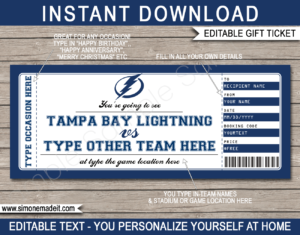 Printable Tampa Bay Lightning Game Ticket Gift Voucher Template | Printable Surprise NHL Hockey Tickets | Editable Text | Gift Certificate | Birthday, Christmas, Anniversary, Retirement, Graduation, Mother's Day, Father's Day, Congratulations, Valentine's Day | INSTANT DOWNLOAD via giftsbysimonemadeit.com