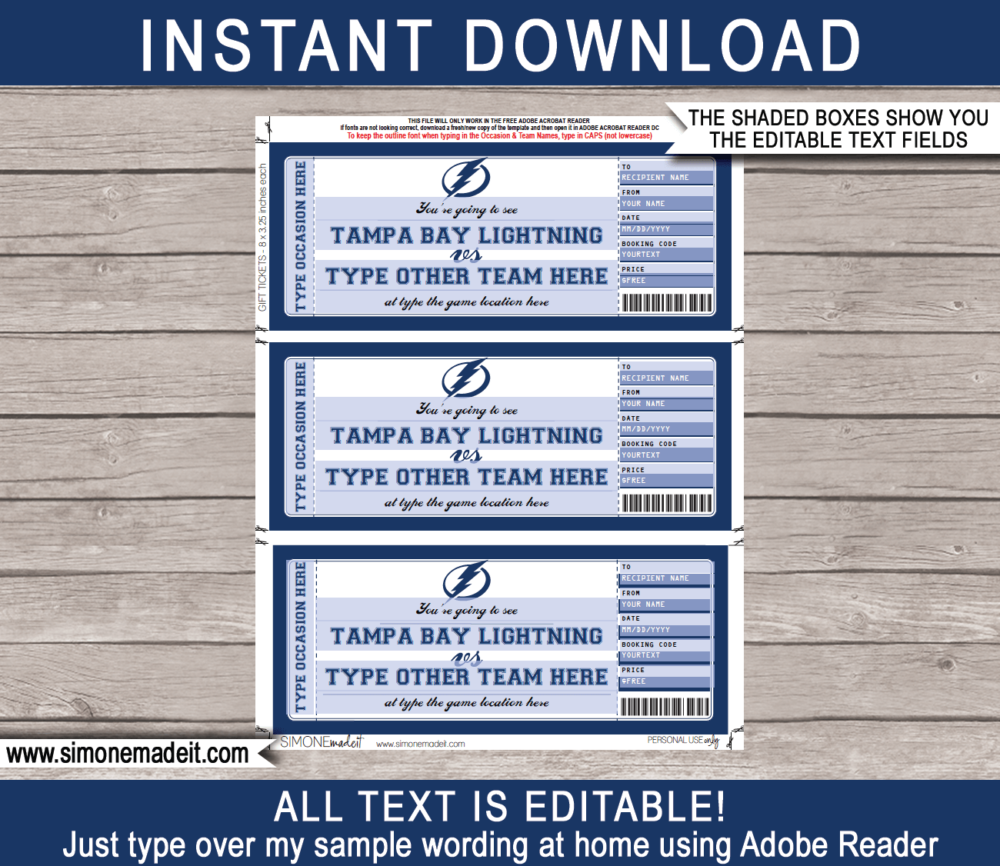 Printable Tampa Bay Lightning Game Ticket Gift Voucher Template | Printable Surprise NHL Hockey Tickets | Editable Text | Gift Certificate | Birthday, Christmas, Anniversary, Retirement, Graduation, Mother's Day, Father's Day, Congratulations, Valentine's Day | INSTANT DOWNLOAD via giftsbysimonemadeit.com