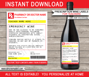 Printable Teacher Prescription Wine Labels Template | Emergency Wine | Funny Prank Gag Gift | Practical Joke | DIY Pretend Fake Pharmacy Rx Prescription Label | Last Minute Gift | Back to School, End of School, Teacher Appreciation, Christmas or Birthday Gift | INSTANT DOWNLOAD via giftsbysimonemadeit.com