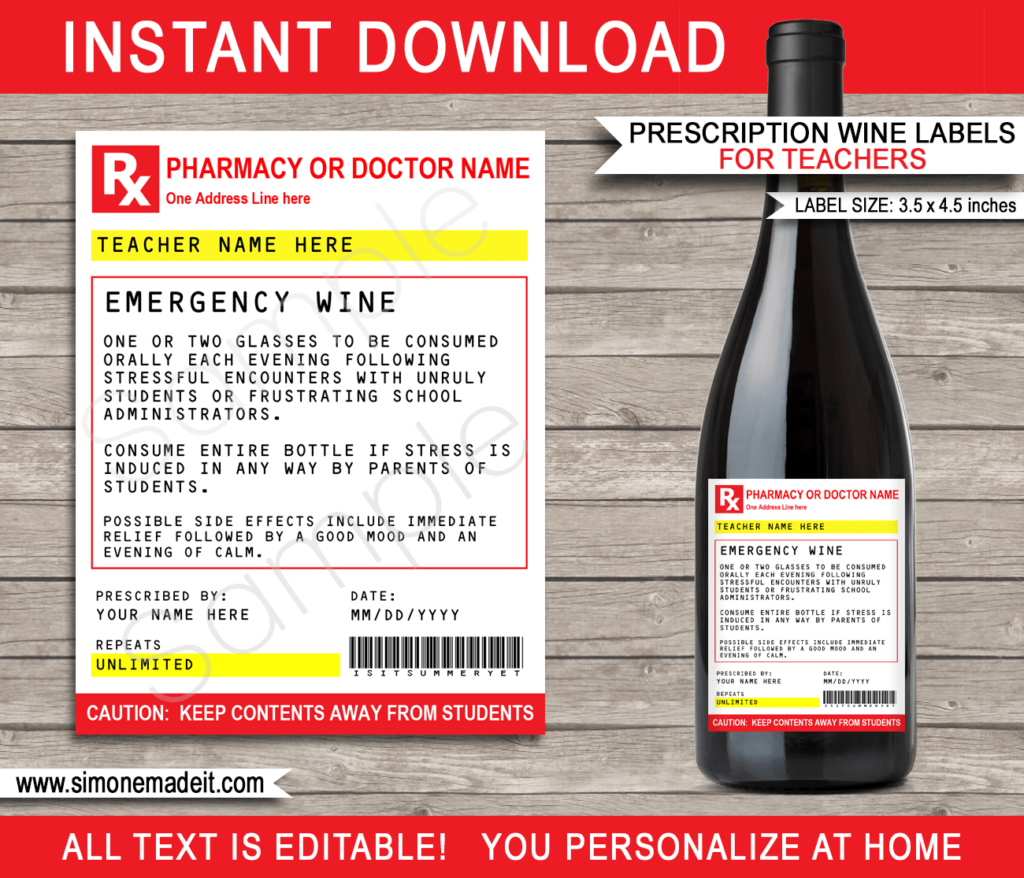 Prescription Labels for Emergency Wine for Teachers