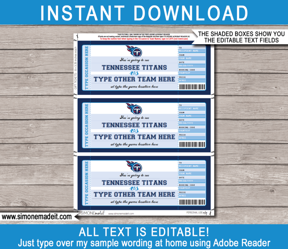 Printable Tennessee Titans Game Ticket Gift Voucher Template | Surprise tickets to a Tennessee Titans Football Game | Editable Text | Gift Certificate | Birthday, Christmas, Anniversary, Retirement, Graduation, Mother's Day, Father's Day, Congratulations, Valentine's Day | INSTANT DOWNLOAD via giftsbysimonemadeit.com