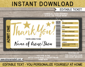 Printable Thank You Concert Ticket Gift Voucher template - Surprise Tickets to a Concert | Gold Glitter | Editable & Printable DIY Voucher | Last Minute Present | Concert, Show, Performance, Band, Artist, Music Festival, Movie | Instant Download via giftsbysimonemadeit.com
