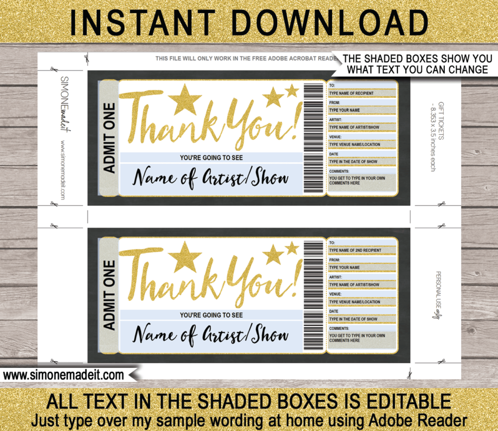 Printable Thank You Concert Ticket Gift Voucher template - Surprise Tickets to a Concert | Gold Glitter | Editable & Printable DIY Voucher | Last Minute Present | Concert, Show, Performance, Band, Artist, Music Festival, Movie | Instant Download via giftsbysimonemadeit.com