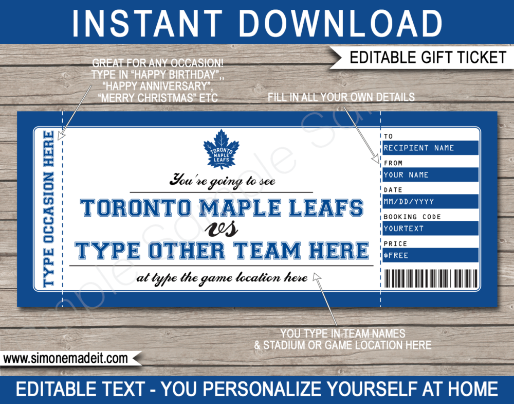 Printable Toronto Maple Leafs Game Ticket Gift Voucher Template | Printable Surprise NHL Hockey Tickets | Editable Text | Gift Certificate | Birthday, Christmas, Anniversary, Retirement, Graduation, Mother's Day, Father's Day, Congratulations, Valentine's Day | INSTANT DOWNLOAD via giftsbysimonemadeit.com