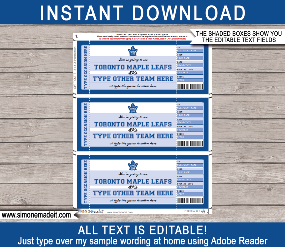 Printable Toronto Maple Leafs Game Ticket Gift Voucher Template | Printable Surprise NHL Hockey Tickets | Editable Text | Gift Certificate | Birthday, Christmas, Anniversary, Retirement, Graduation, Mother's Day, Father's Day, Congratulations, Valentine's Day | INSTANT DOWNLOAD via giftsbysimonemadeit.com