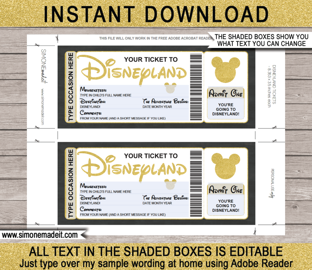 Gold Disneyland Trip printable template | Surprise Disney Trip Reveal | Editable Disney Gift Voucher or Certificate | Any Occasion | Happy Birthday | Merry Christmas | Congratulations | INSTANT DOWNLOAD via giftsbysimonemadeit.com