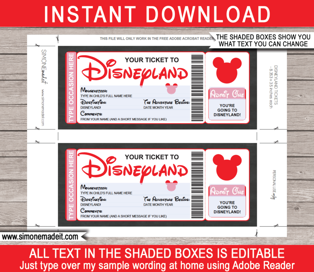 Red Surprise Trip to Disneyland Ticket Template | Printable Disney Trip Reveal Gift | Editable Disney Gift Voucher or Certificate | Any Occasion | Happy Birthday | Merry Christmas | Congratulations | INSTANT DOWNLOAD via giftsbysimonemadeit.com