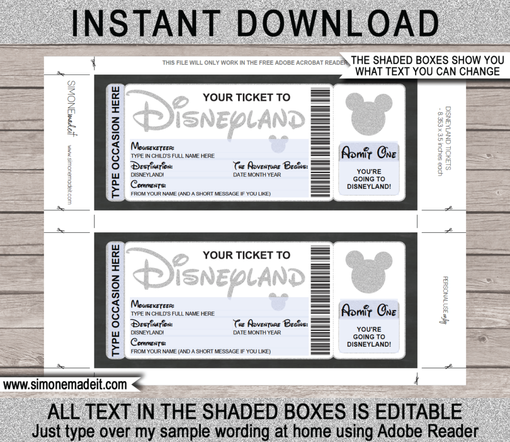 Silver Disneyland Trip printable template | Surprise Disney Trip Reveal | Editable Disney Gift Voucher or Certificate | Any Occasion | Happy Birthday | Merry Christmas | Congratulations | INSTANT DOWNLOAD via giftsbysimonemadeit.com