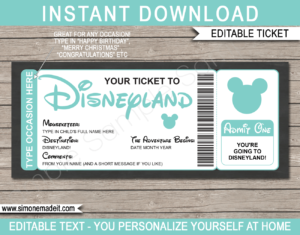 Aqua Surprise Trip to Disneyland Ticket Template | Printable Disney Trip Reveal Gift | Editable Disney Gift Voucher or Certificate | Any Occasion | Happy Birthday | Merry Christmas | Congratulations | INSTANT DOWNLOAD via giftsbysimonemadeit.com