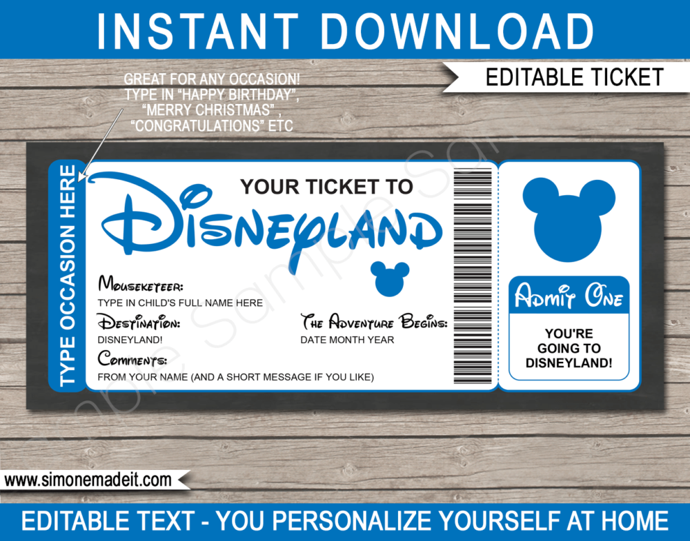 Blue Surprise Trip to Disneyland Ticket Template | Printable Disney Trip Reveal Gift | Editable Disney Gift Voucher or Certificate | Any Occasion | Happy Birthday | Merry Christmas | Congratulations | INSTANT DOWNLOAD via giftsbysimonemadeit.com