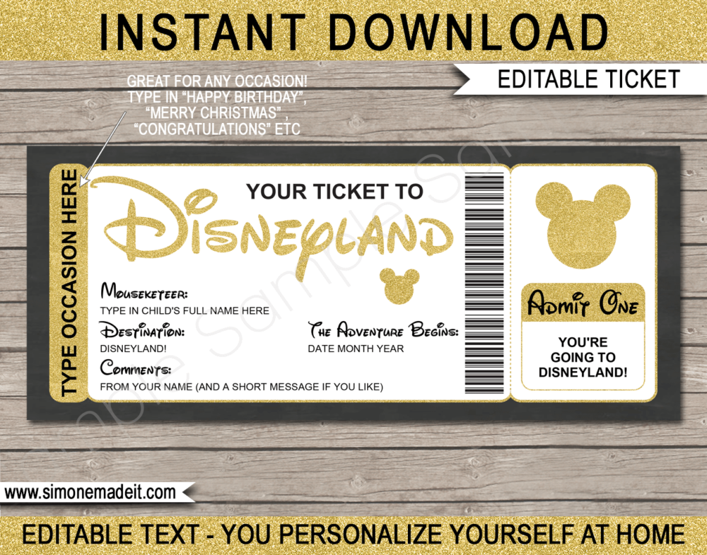 Gold Disneyland Trip printable template | Surprise Disney Trip Reveal | Editable Disney Gift Voucher or Certificate | Any Occasion | Happy Birthday | Merry Christmas | Congratulations | INSTANT DOWNLOAD via giftsbysimonemadeit.com