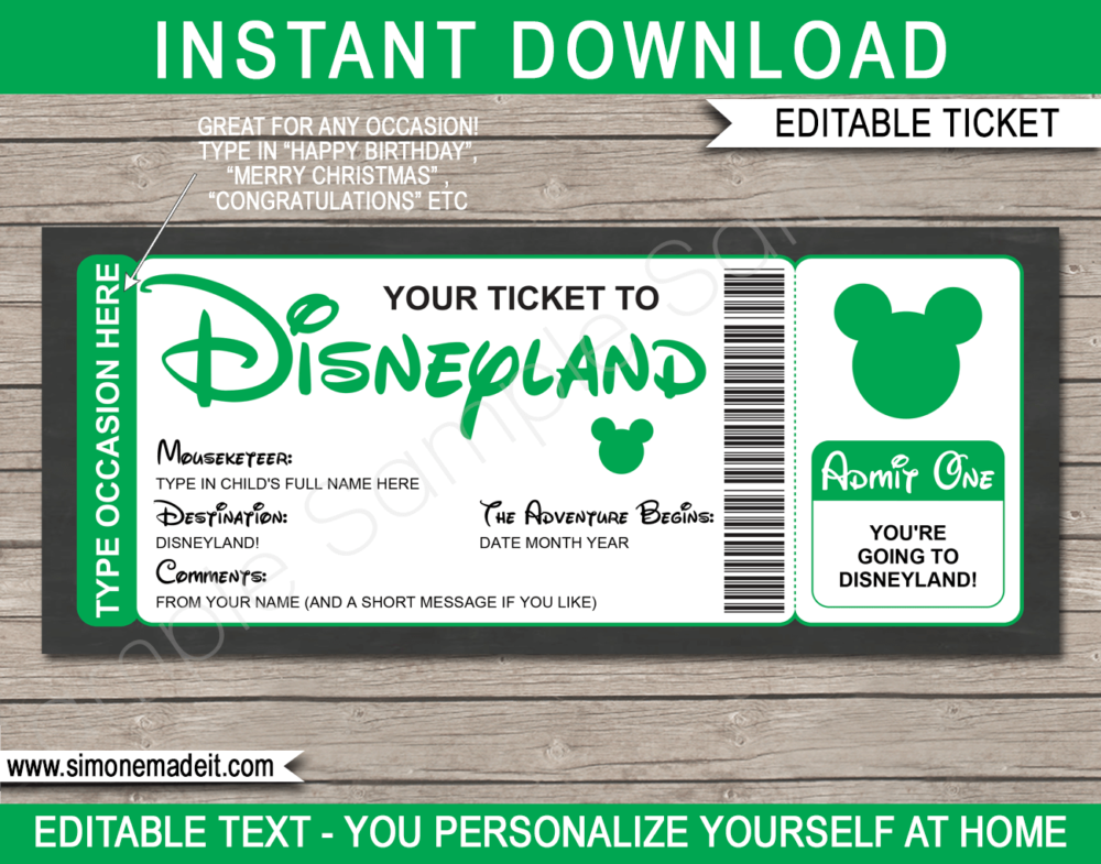 Green Surprise Trip to Disneyland Ticket Template | Printable Disney Trip Reveal Gift | Editable Disney Gift Voucher or Certificate | Any Occasion | Happy Birthday | Merry Christmas | Congratulations | INSTANT DOWNLOAD via giftsbysimonemadeit.com