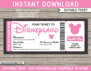 Pink Surprise Trip to Disneyland Ticket Template | Printable Disney Trip Reveal Gift | Editable Disney Gift Voucher or Certificate | Any Occasion | Happy Birthday | Merry Christmas | Congratulations | INSTANT DOWNLOAD via giftsbysimonemadeit.com