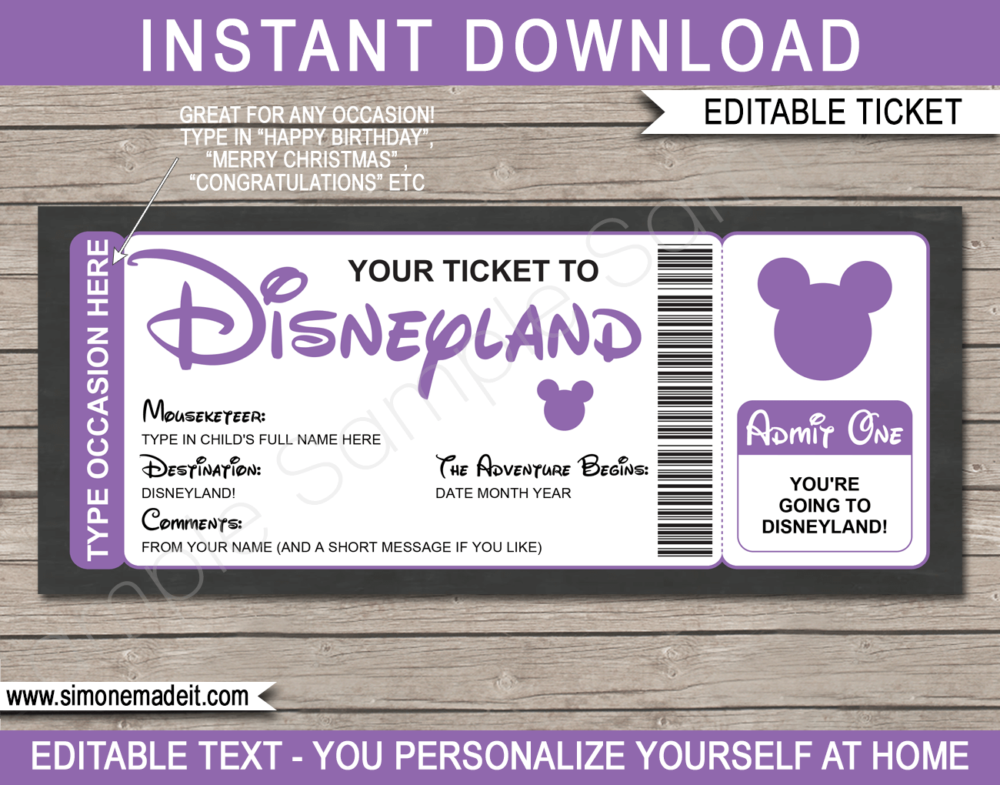 Purple Surprise Trip to Disneyland Ticket Template | Printable Disney Trip Reveal Gift | Editable Disney Gift Voucher or Certificate | Any Occasion | Happy Birthday | Merry Christmas | Congratulations | INSTANT DOWNLOAD via giftsbysimonemadeit.com