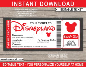 Red Surprise Trip to Disneyland Ticket Template | Printable Disney Trip Reveal Gift | Editable Disney Gift Voucher or Certificate | Any Occasion | Happy Birthday | Merry Christmas | Congratulations | INSTANT DOWNLOAD via giftsbysimonemadeit.com