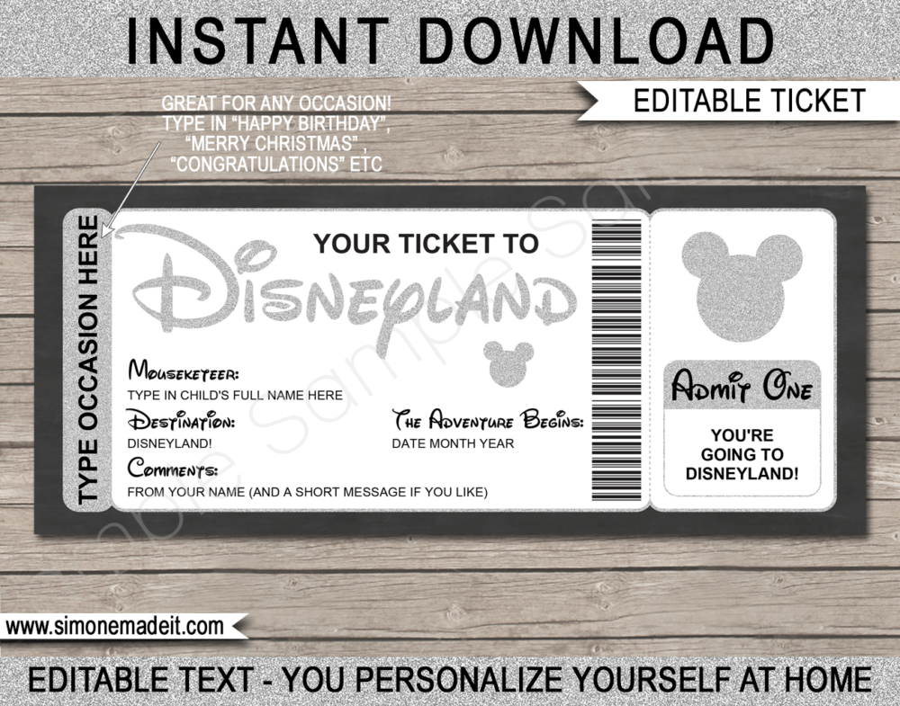 Silver Disneyland Trip printable template | Surprise Disney Trip Reveal | Editable Disney Gift Voucher or Certificate | Any Occasion | Happy Birthday | Merry Christmas | Congratulations | INSTANT DOWNLOAD via giftsbysimonemadeit.com