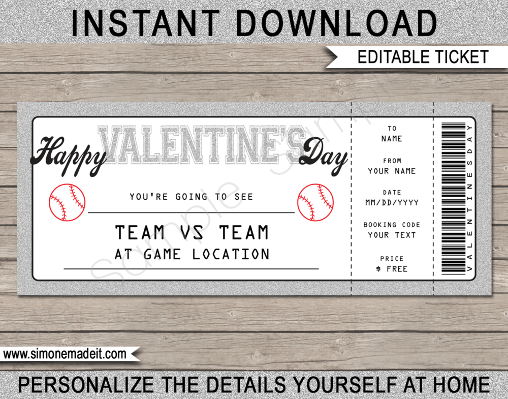 Editable Baseball Game Ticket Valentine's Day Gift Voucher Template - Surprise tickets to a Baseball Game - Gift Certificate - Valentine present - DIY Editable & Printable Template | INSTANT DOWNLOAD via giftsbysimonemadeit.com #baseballgifttickets #lastminutegift #ticketottheballgame
