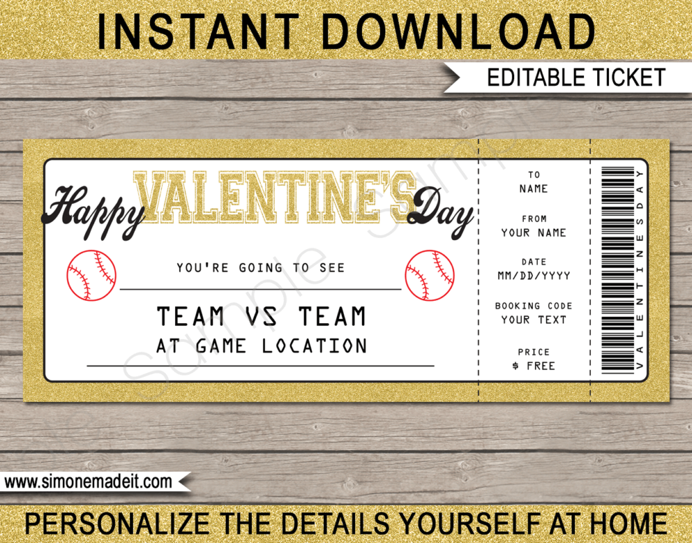 Printable Baseball Game Ticket Valentine's Day Gift Voucher Template - Surprise tickets to a Baseball Game - Gift Certificate - Valentine present - DIY Editable & Printable Template | INSTANT DOWNLOAD via giftsbysimonemadeit.com #baseballgifttickets #lastminutegift #ticketottheballgame