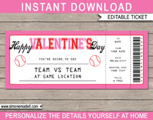 Baseball Game Ticket Valentine's Day Gift Voucher Template - Surprise tickets to a Baseball Game - Gift Certificate - Valentine present - DIY Editable & Printable Template | INSTANT DOWNLOAD via giftsbysimonemadeit.com #baseballgifttickets #lastminutegift #ticketottheballgame