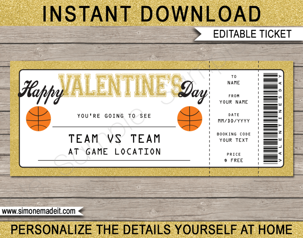 Basketball Game Ticket Valentine's Day Gift Voucher - Gold Glitter - Surprise tickets to a Basketball Game - Gift Certificate - Last Minute Present - DIY Editable & Printable Template | INSTANT DOWNLOAD via giftsbysimonemadeit.com #basketballgiftticket #lastminutegift