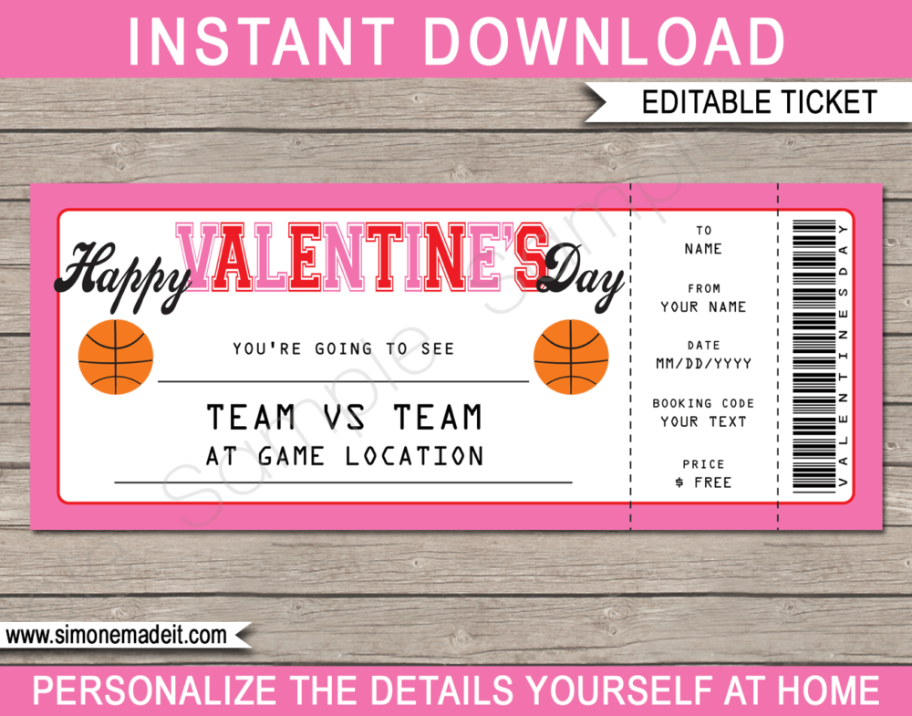Basketball Game Ticket Valentine's Day Gift Voucher - Pink Red - Surprise tickets to a Basketball Game - Gift Certificate - Last Minute Present - DIY Editable & Printable Template | INSTANT DOWNLOAD via giftsbysimonemadeit.com #basketballgiftticket #lastminutegift