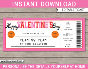 Basketball Game Ticket Valentine's Day Gift Voucher - Pink Red - Surprise tickets to a Basketball Game - Gift Certificate - Last Minute Present - DIY Editable & Printable Template | INSTANT DOWNLOAD via giftsbysimonemadeit.com #basketballgiftticket #lastminutegift