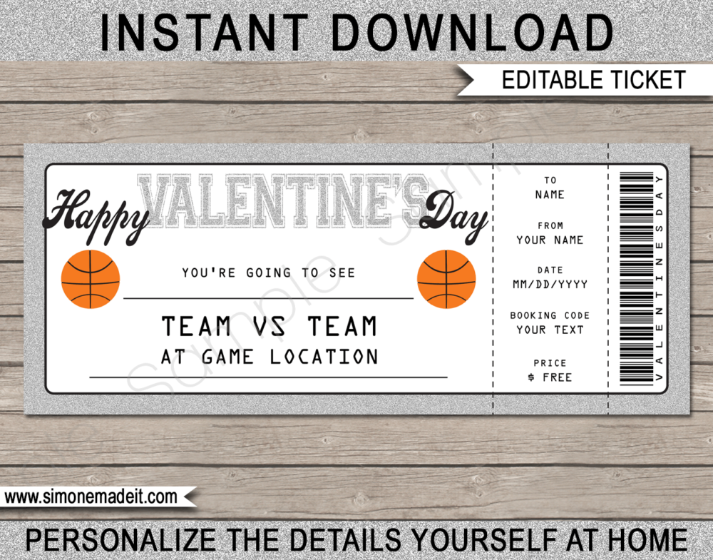 Basketball Game Ticket Valentine's Day Gift Voucher - Silver Glitter - Surprise tickets to a Basketball Game - Gift Certificate - Last Minute Present - DIY Editable & Printable Template | INSTANT DOWNLOAD via giftsbysimonemadeit.com #basketballgiftticket #lastminutegift