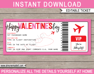 Printable Valentine's Day Boarding Pass Gift Ticket template | Surprise Trip Reveal, Flight, Getaway, Holiday, Vacation | Faux Fake Plane Boarding Pass | Valentines Day Present | DIY Editable Template | Instant Download via giftsbysimonemadeit.com