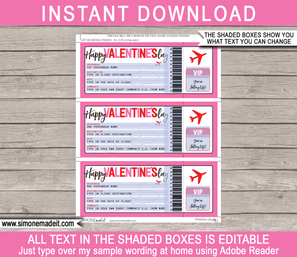 Printable Valentine's Day Boarding Pass Gift Ticket template | Surprise Trip Reveal, Flight, Getaway, Holiday, Vacation | Faux Fake Plane Boarding Pass | Valentines Day Present | DIY Editable Template | Instant Download via giftsbysimonemadeit.com