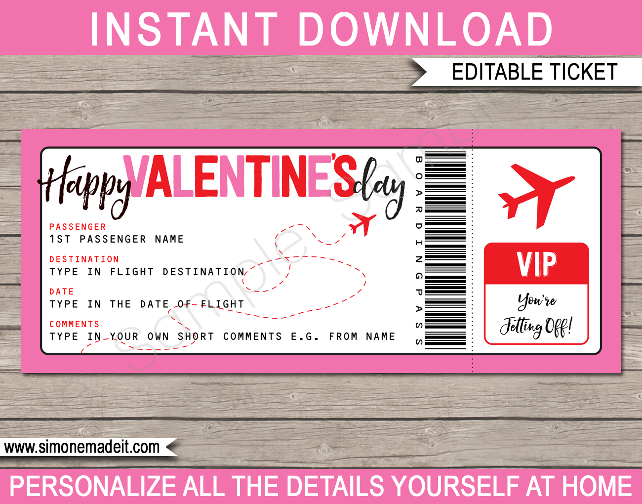Pink plane ticket Personalised Boarding Pass Boarding Card Surprise Trip 