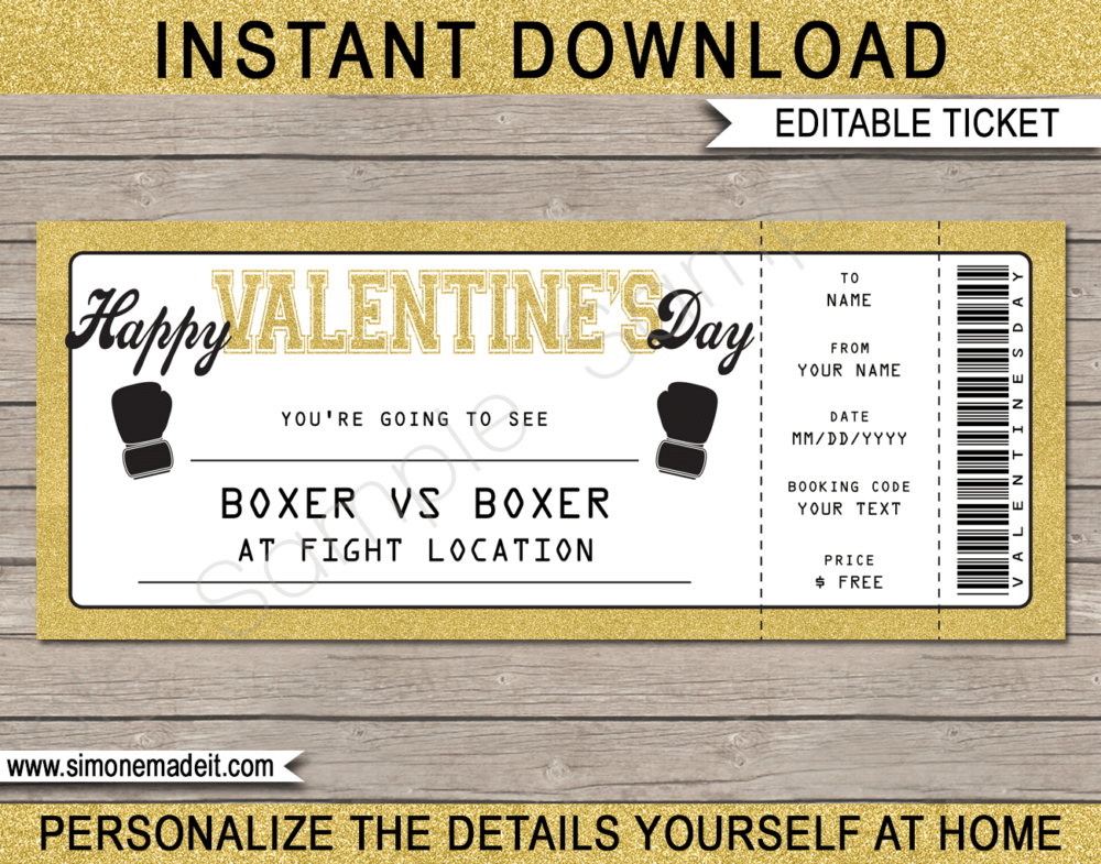 Valentine's Day Boxing Ticket Gift Voucher - Gold Glitter - Surprise tickets to an Boxing Match - Boxing Gloves - Gift Certificate - Last Minute Present - DIY Editable & Printable Template | INSTANT DOWNLOAD via giftsbysimonemadeit.com #boxinggiftticket #lastminutegift