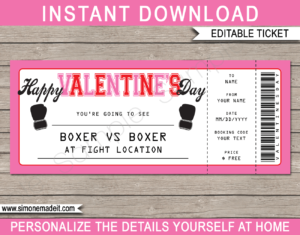 Valentine's Day Boxing Ticket Gift Voucher - Pink & Red - Surprise tickets to an Boxing Match - Boxing Gloves - Gift Certificate - Last Minute Present - DIY Editable & Printable Template | INSTANT DOWNLOAD via giftsbysimonemadeit.com #boxinggiftticket #lastminutegift