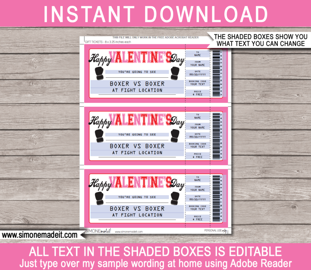 Valentine's Day Boxing Ticket Gift Voucher - Pink & Red - Surprise tickets to an Boxing Match - Boxing Gloves - Gift Certificate - Last Minute Present - DIY Editable & Printable Template | INSTANT DOWNLOAD via giftsbysimonemadeit.com #boxinggiftticket #lastminutegift