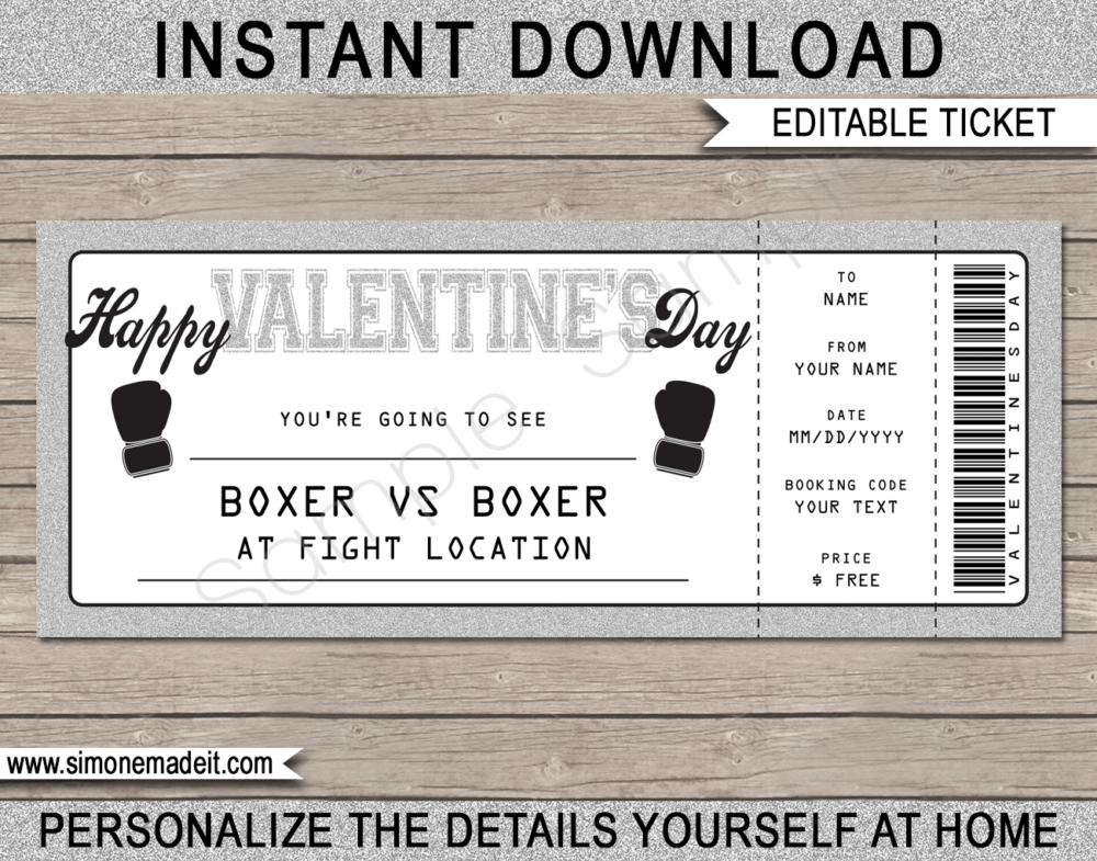 Valentine's Day Boxing Ticket Gift Voucher - Silver Glitter - Surprise tickets to an Boxing Match - Boxing Gloves - Gift Certificate - Last Minute Present - DIY Editable & Printable Template | INSTANT DOWNLOAD via giftsbysimonemadeit.com #boxinggiftticket #lastminutegift