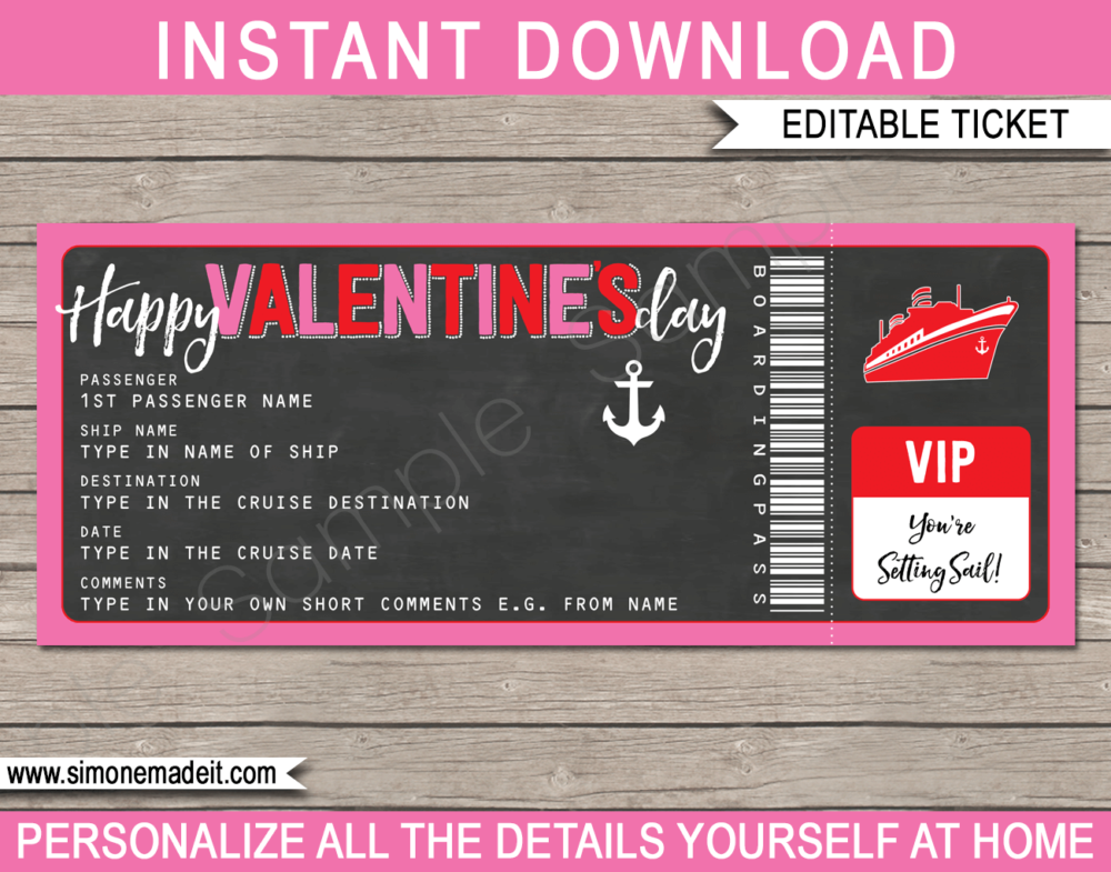 Printable Surprise Valentines Day Cruise Ticket Boarding Pass Gift Template | Editable Gift Voucher | Surprise Cruise Trip Reveal | INSTANT DOWNLOAD via giftsbysimonemadeit.com