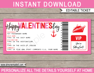 Printable Surprise Valentines Day Cruise Ticket Boarding Pass Gift Template | Editable Gift Voucher | Surprise Cruise Trip Reveal | INSTANT DOWNLOAD via giftsbysimonemadeit.com