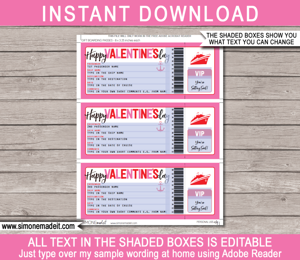 Printable Surprise Valentines Day Cruise Ticket Boarding Pass Gift Template | Editable Gift Voucher | Surprise Cruise Trip Reveal | INSTANT DOWNLOAD via giftsbysimonemadeit.com