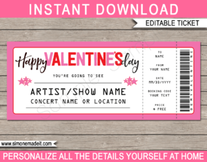 Printable Valentines Day Concert Ticket Template - Surprise Tickets to a Concert | Editable & Printable DIY Gift Voucher | Last Minute Gift | Concert, Show, Performance, Band, Artist, Music Festival | Instant Download via giftsbysimonemadeit.com
