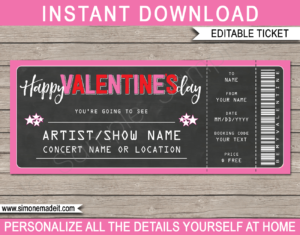 Printable Valentines Day Concert Ticket Template - Surprise Tickets to a Concert | Editable & Printable DIY Gift Voucher | Last Minute Gift | Concert, Show, Performance, Band, Artist, Music Festival | Instant Download via giftsbysimonemadeit.com