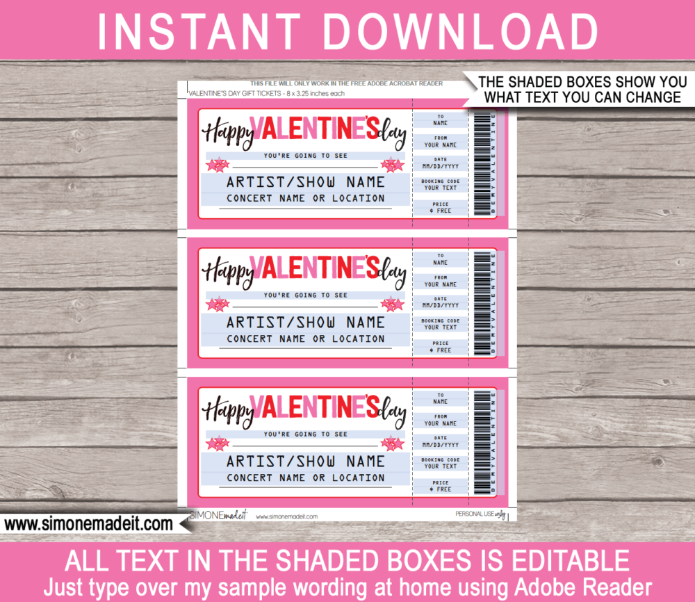 Printable Valentines Day Concert Ticket Template - Surprise Tickets to a Concert | Editable & Printable DIY Gift Voucher | Last Minute Gift | Concert, Show, Performance, Band, Artist, Music Festival | Instant Download via giftsbysimonemadeit.com