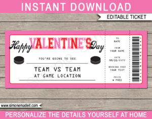Valentine's Day Hockey Ticket Gift Voucher - Pink & Red - Surprise tickets to an Ice Hockey Game - Hockey Puck - Gift Certificate - Last Minute Present - DIY Editable & Printable Template | INSTANT DOWNLOAD via giftsbysimonemadeit.com #hockeygiftticket #lastminutegift