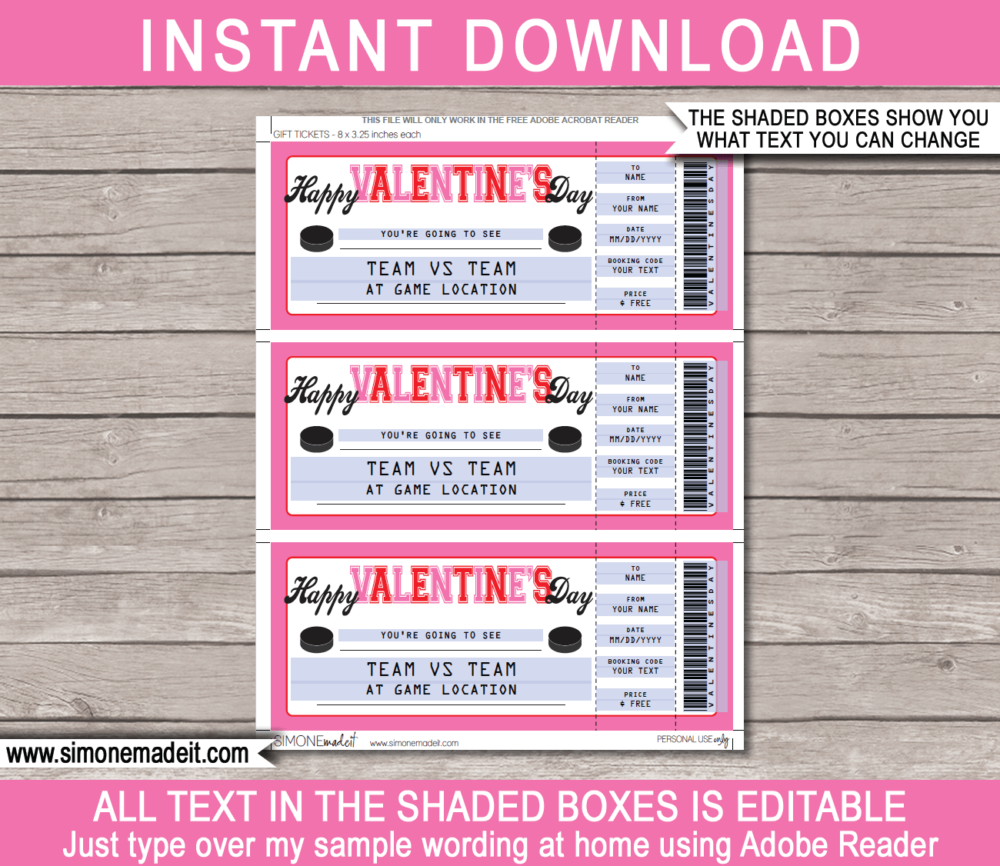 Valentine's Day Hockey Ticket Gift Voucher - Pink & Red - Surprise tickets to an Ice Hockey Game - Hockey Puck - Gift Certificate - Last Minute Present - DIY Editable & Printable Template | INSTANT DOWNLOAD via giftsbysimonemadeit.com #hockeygiftticket #lastminutegift