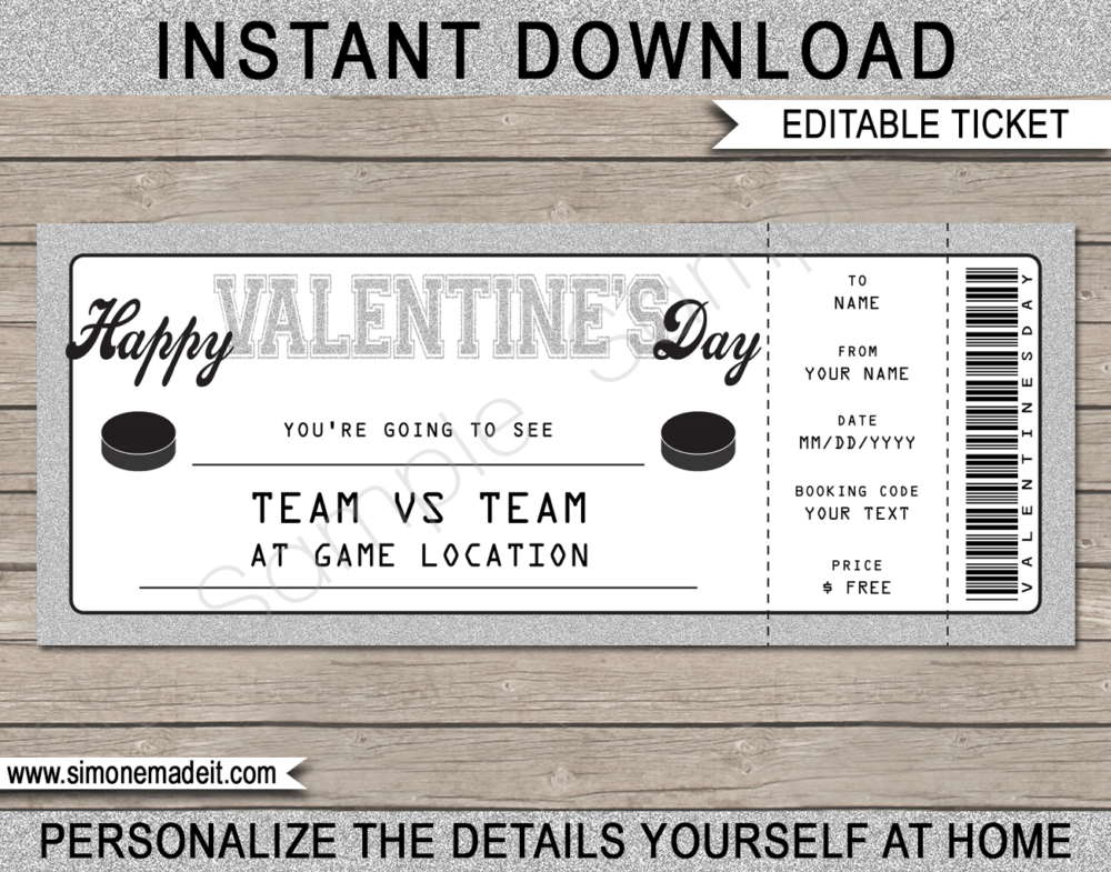 Valentine's Day Hockey Ticket Gift Voucher - Silver Glitter - Surprise tickets to an Ice Hockey Game - Hockey Puck - Gift Certificate - Last Minute Present - DIY Editable & Printable Template | INSTANT DOWNLOAD via giftsbysimonemadeit.com #hockeygiftticket #lastminutegift
