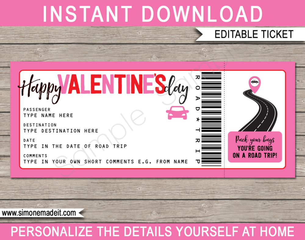 Printable Valentine's Day Surprise Road Trip Ticket Template | Road Trip Reveal Gift Ticket | Fake Ticket | Valentine's Day Present | Driving Holiday Vacation | INSTANT DOWNLOAD via giftsbysimonemadeit.com