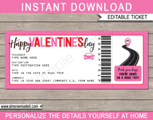 Printable Valentine's Day Surprise Road Trip Ticket Template | Road Trip Reveal Gift Ticket | Fake Ticket | Valentine's Day Present | Driving Holiday Vacation | INSTANT DOWNLOAD via giftsbysimonemadeit.com