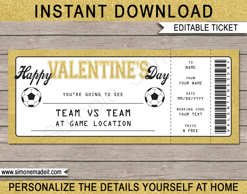 Valentine's Day Soccer Ticket Gift Voucher Template | Gold Glitter | Surprise Tickets to a Football Soccer Match | Football Gift Certificate | Valentine's Day present | DIY Editable & Printable Template | INSTANT DOWNLOAD via giftsbysimonemadeit.com #soccergifttickets #lastminutegift #ticketotthefootball