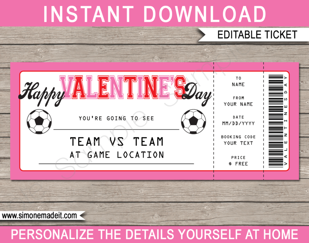 Valentine's Day Soccer Ticket Gift Voucher Template | Pink & Red | Surprise Tickets to a Football Soccer Match | Football Gift Certificate | Valentine's Day present | DIY Editable & Printable Template | INSTANT DOWNLOAD via giftsbysimonemadeit.com #soccergifttickets #lastminutegift #ticketotthefootball