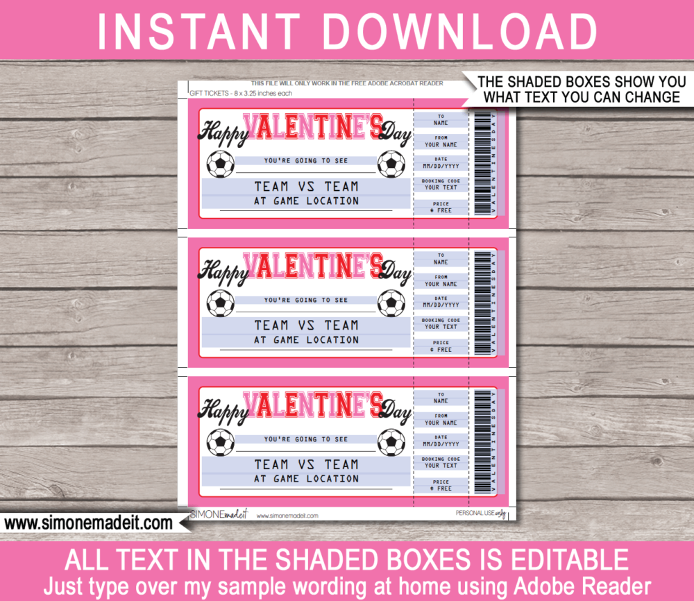 Valentine's Day Soccer Ticket Gift Voucher Template | Pink & Red | Surprise Tickets to a Football Soccer Match | Football Gift Certificate | Valentine's Day present | DIY Editable & Printable Template | INSTANT DOWNLOAD via giftsbysimonemadeit.com #soccergifttickets #lastminutegift #ticketotthefootball